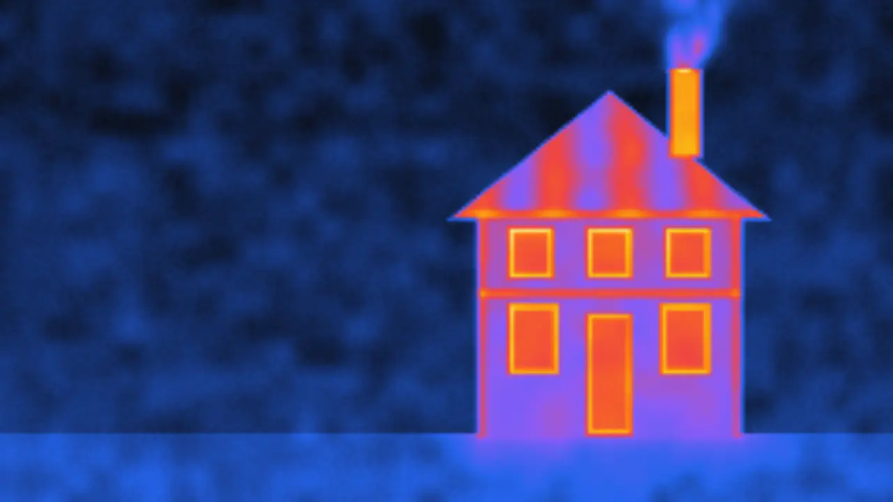 Vue d’une caméra thermique sur une maison : toiture, fenêtres et cheminée apparaissent en couleurs chaudes