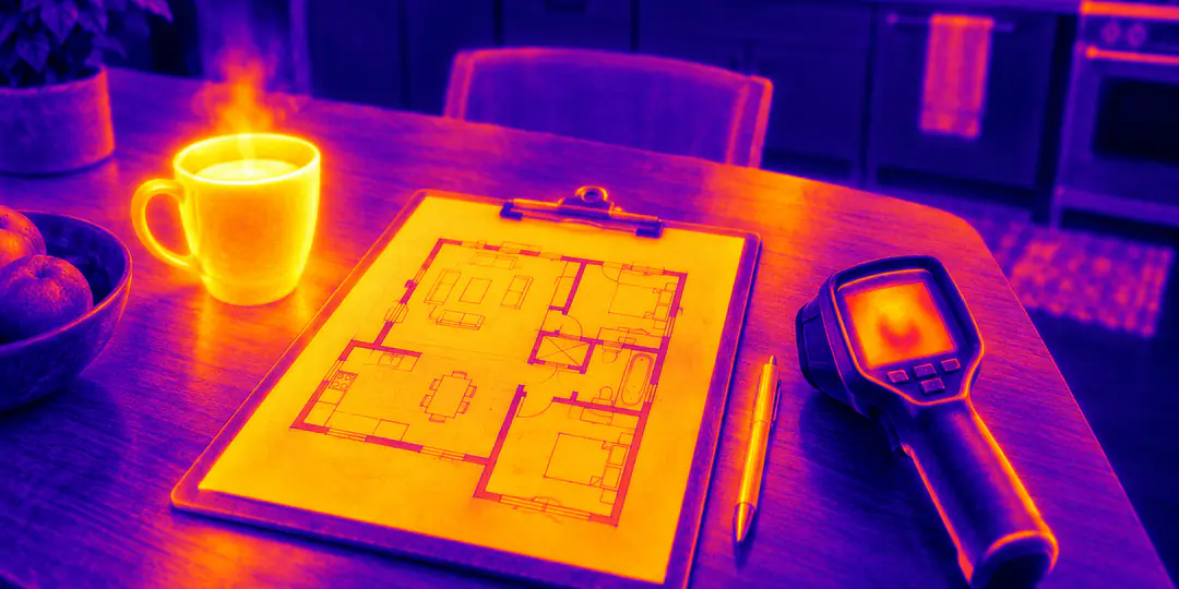Rapport d’audit énergétique et caméra thermique posés sur une table