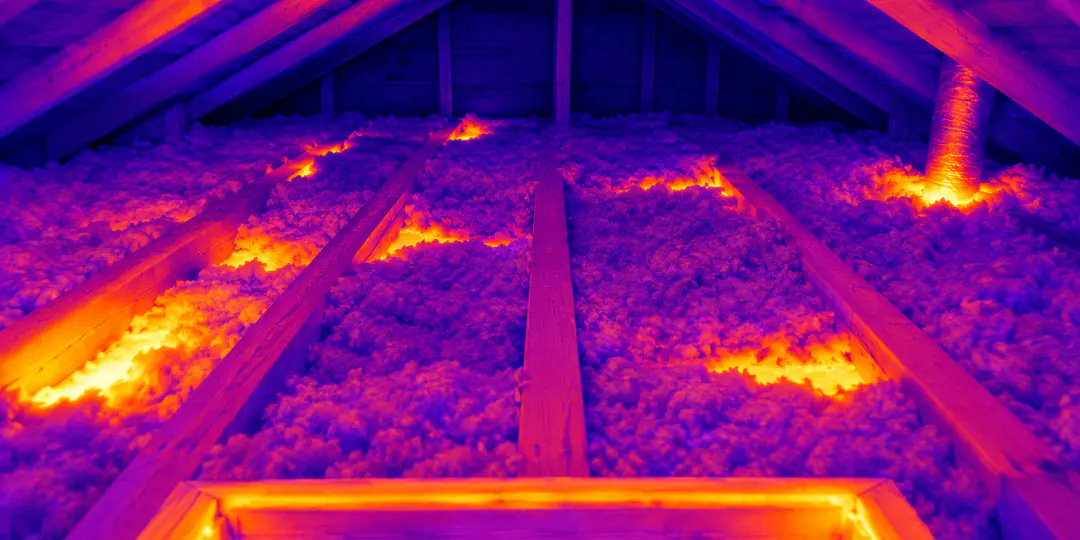 Thermogramme d’une toiture : les combles mal isolés apparaissent en couleurs chaudes