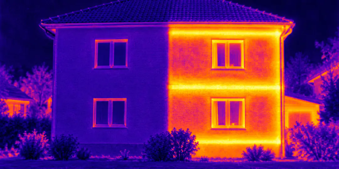 Façade à moitié isolée par l’extérieur, vue à la caméra thermique