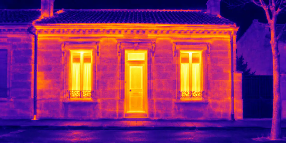 Échoppe double en pierre de taille vue à la caméra thermique