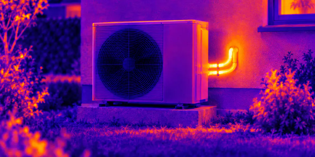 Unité extérieure d’une pompe à chaleur air/eau vue à la caméra thermique