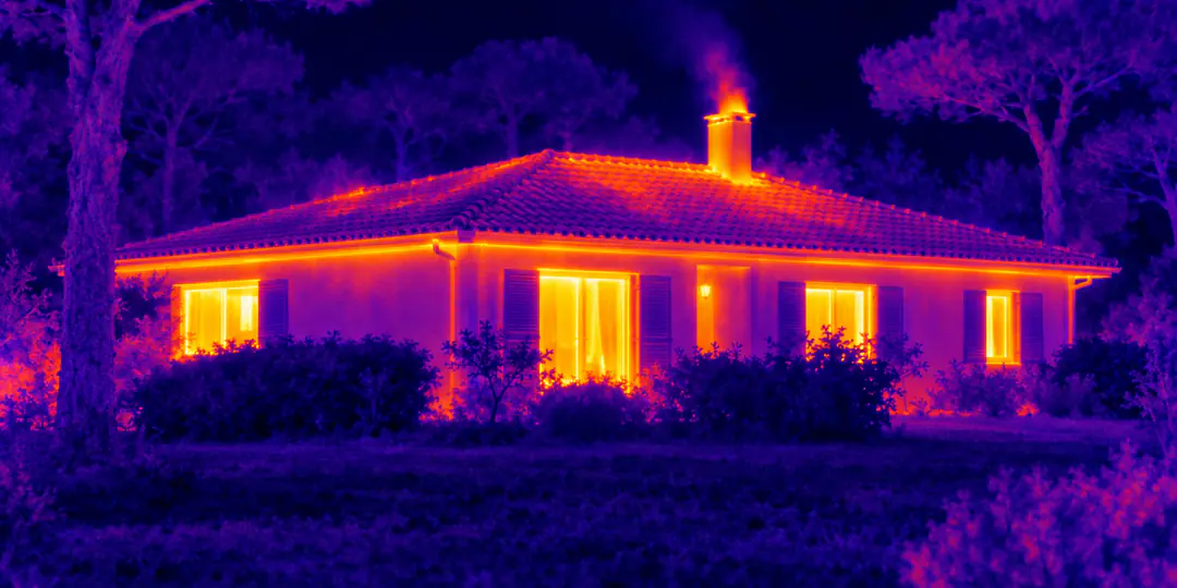 Maison de plain-pied entourée de pins vue à la caméra thermique