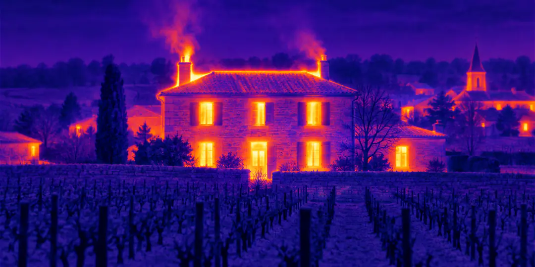 Maison de village en Gironde, entourée de vignes, vue à la caméra thermique